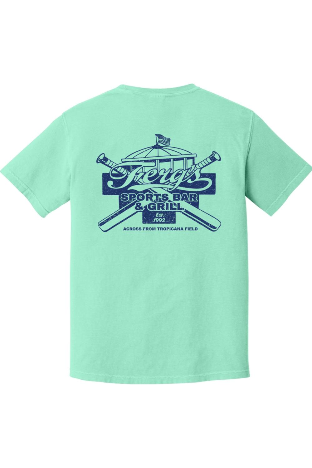 Mint green Comfort Colors cotton t-shirt featuring a dark blue Ferg's Sports Bar & Grill graphic on the back.