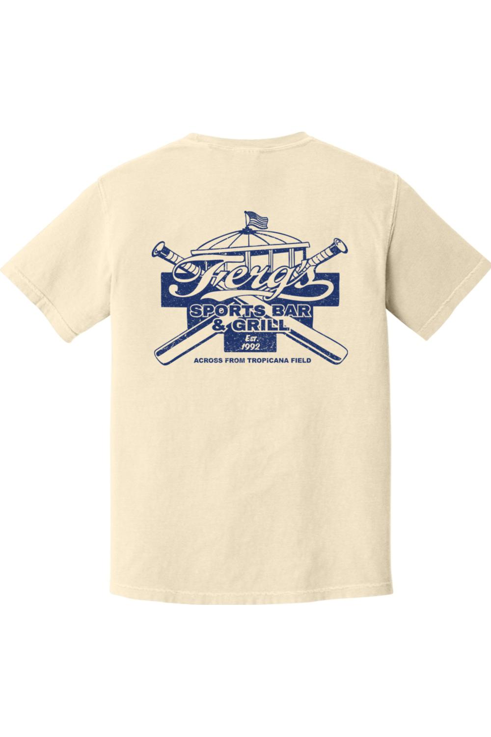 Cream-colored Comfort Colors cotton t-shirt featuring a blue Ferg's Sports Bar & Grill graphic on the back.