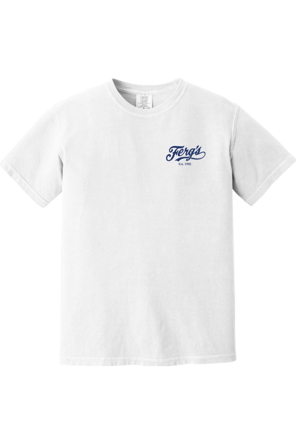 White Comfort Colors cotton t-shirt featuring a small blue Ferg's Est. 1992 logo on the left chest.