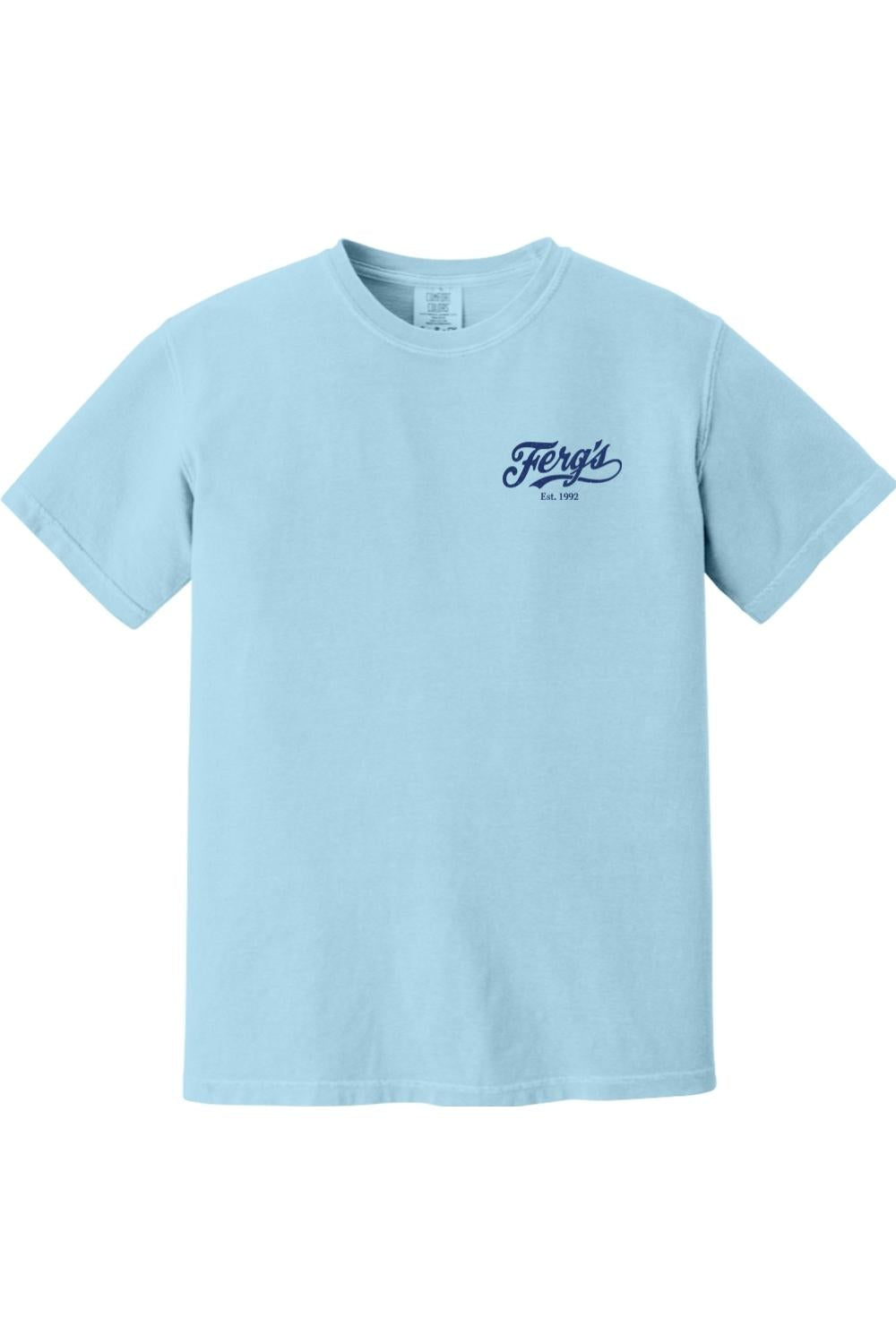 Light blue Comfort Colors cotton t-shirt featuring a small navy blue Ferg's Tropicana logo on the left chest.