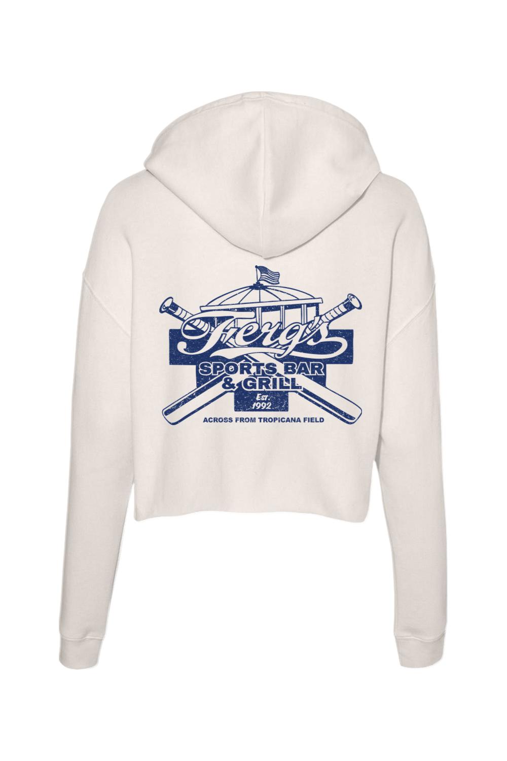 Off-white lightweight cropped hoodie featuring a blue Ferg's Sports Bar & Grill logo with crossed baseball bats on the back.