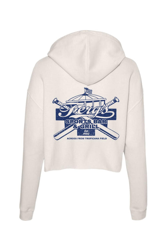 Off-white lightweight cropped hoodie featuring a blue Ferg's Sports Bar & Grill logo with crossed baseball bats on the back.