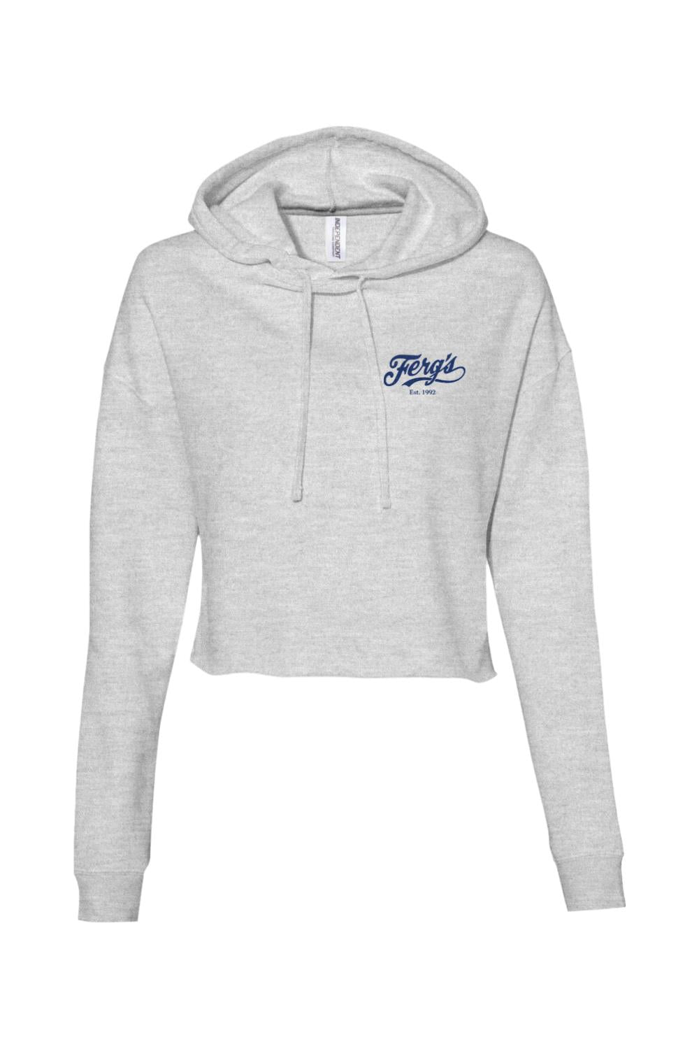 Light gray lightweight cropped hoodie for women with a blue Ferg's Tropicana logo on the chest.
