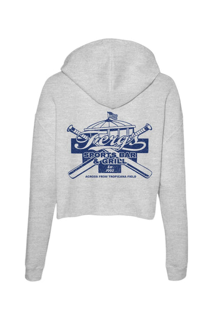 Light gray cropped hoodie featuring a blue Ferg's Sports Bar & Grill graphic with crossed baseball bats on the back.