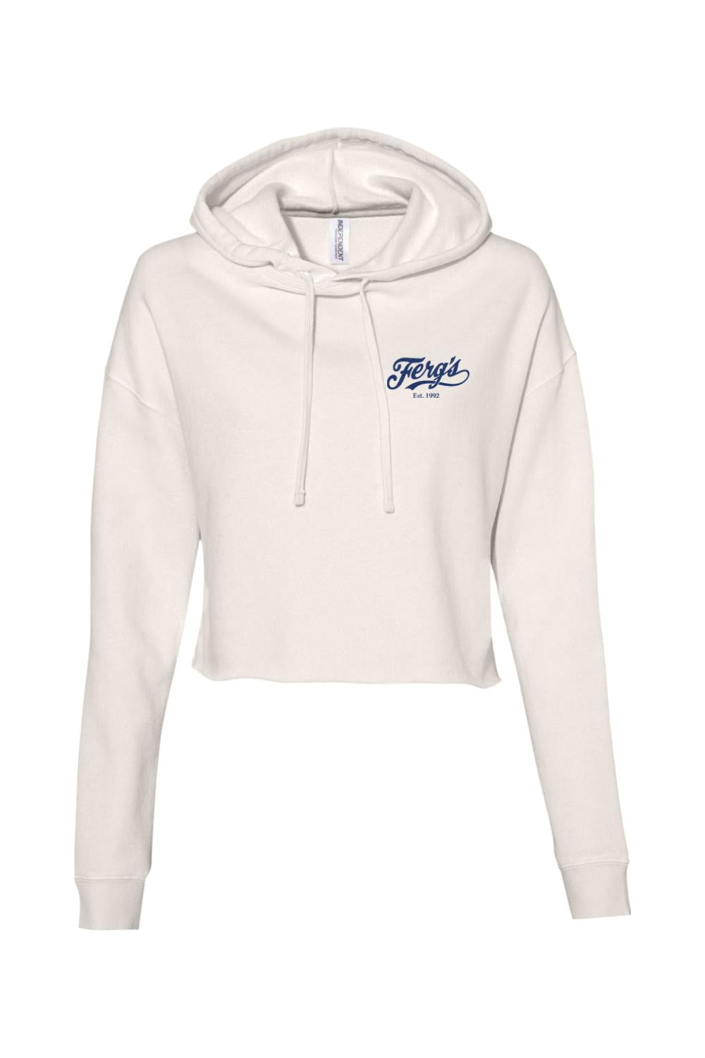 Off-white lightweight cropped hoodie for women with a blue Ferg's Est. 1992 chest logo and drawstring hood.