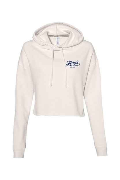 Off-white lightweight cropped hoodie for women with a blue Ferg's Est. 1992 chest logo and drawstring hood.