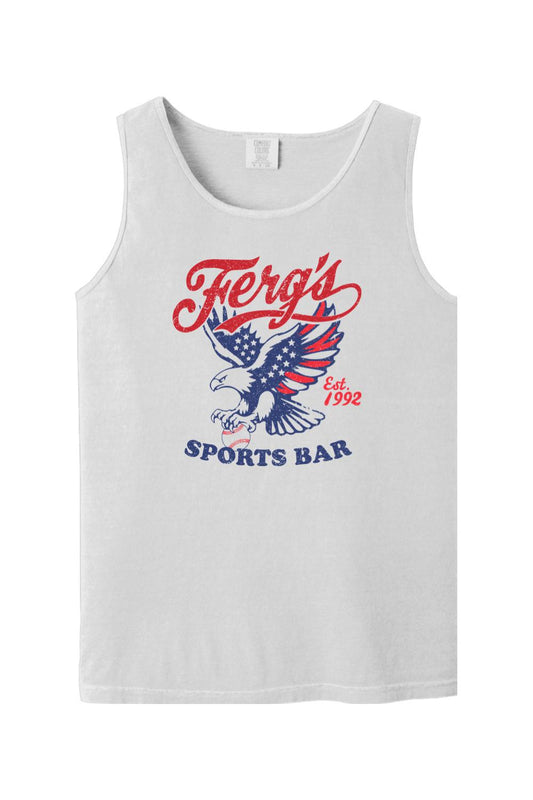 White Comfort Colors cotton tank top featuring a vintage Ferg's Sports Bar eagle and baseball graphic.