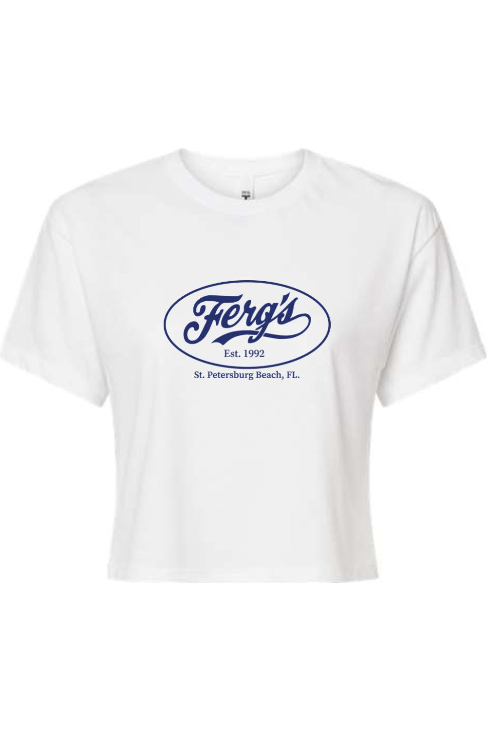 White women's cotton-blend crop top featuring a blue Ferg's St. Petersburg Beach, FL logo graphic.