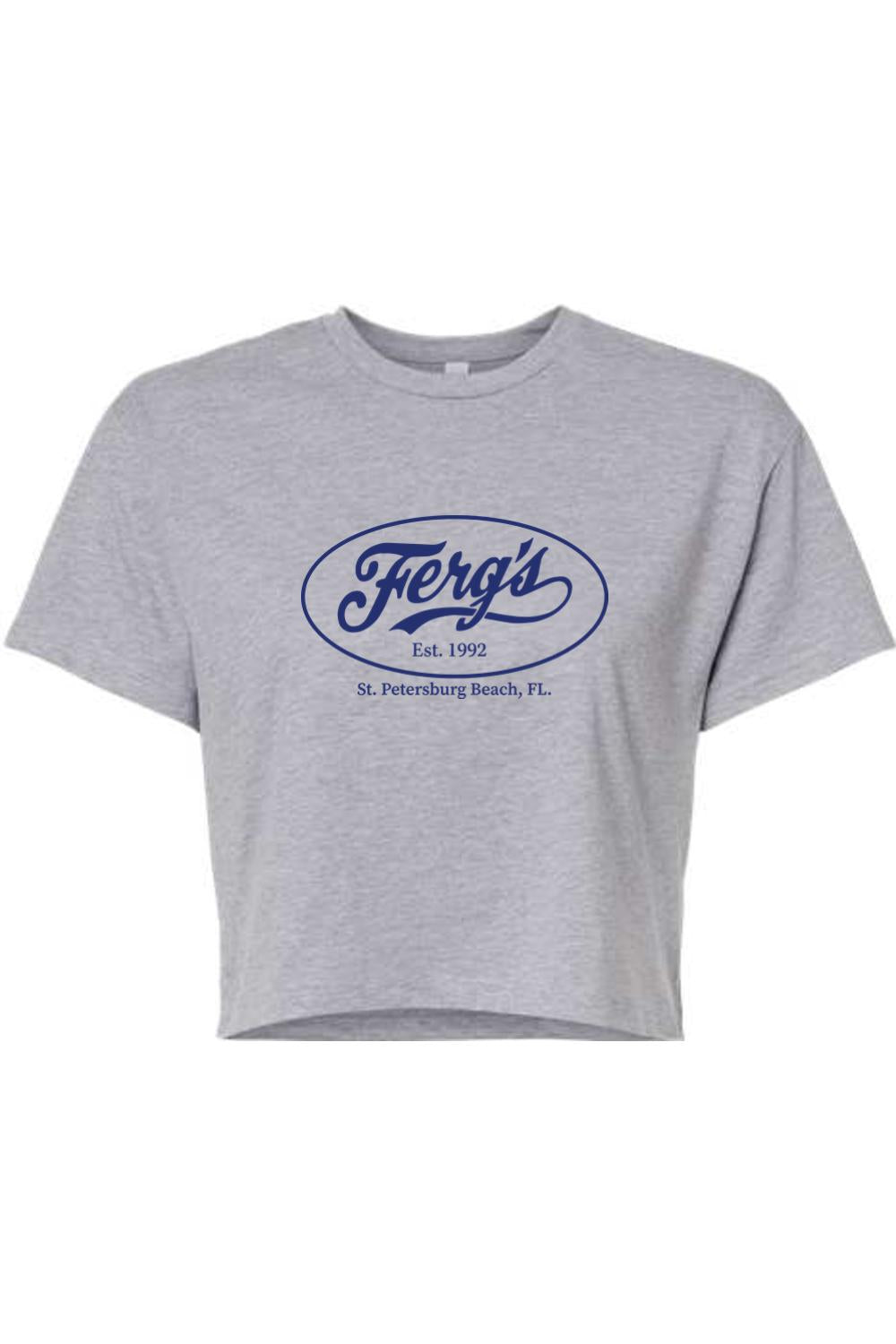 Grey women's cotton-blend crop top featuring a blue Ferg's St. Petersburg Beach logo graphic.