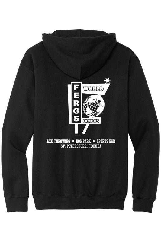 Black cotton-blend hoodie with white Ferg's World Famous Sports Bar logo and St. Petersburg, Florida graphic on back.