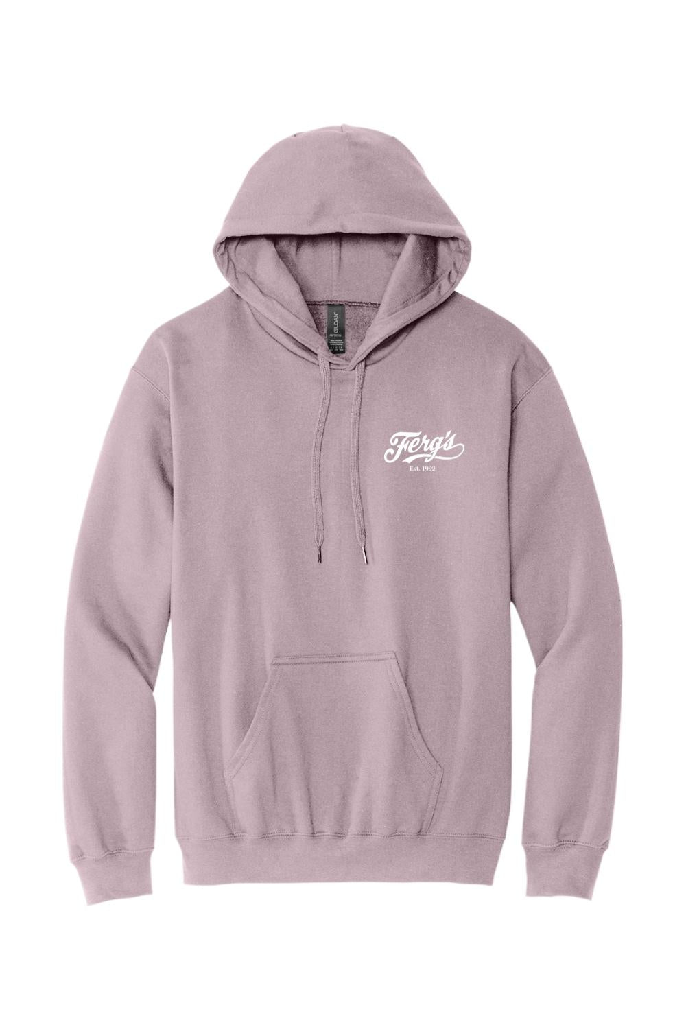 Dusty purple cotton-blend hoodie with a white Ferg's logo, drawstring hood, and front kangaroo pocket.