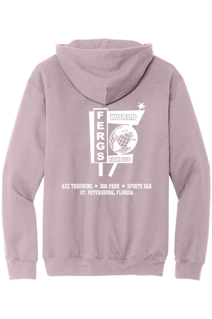 Mauve unisex hoodie featuring a white Ferg's World Famous Sports Bar logo and St. Petersburg graphic on the back.