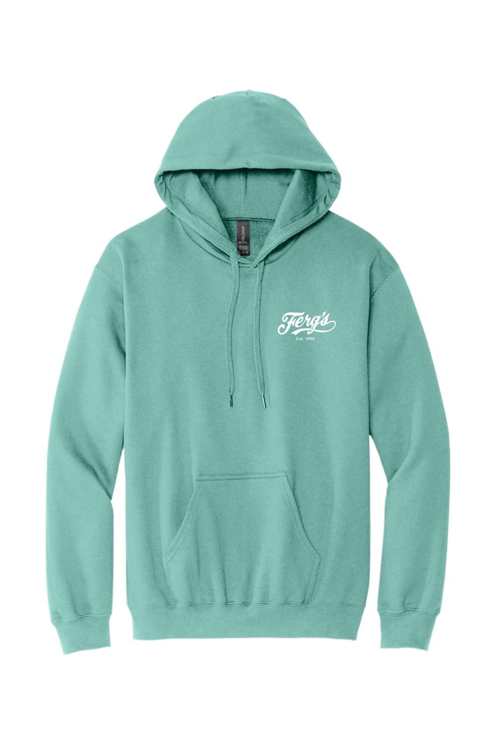 Soft teal cotton-blend pullover hoodie featuring a white Ferg's Sports Bar logo on the chest and a front pouch pocket.