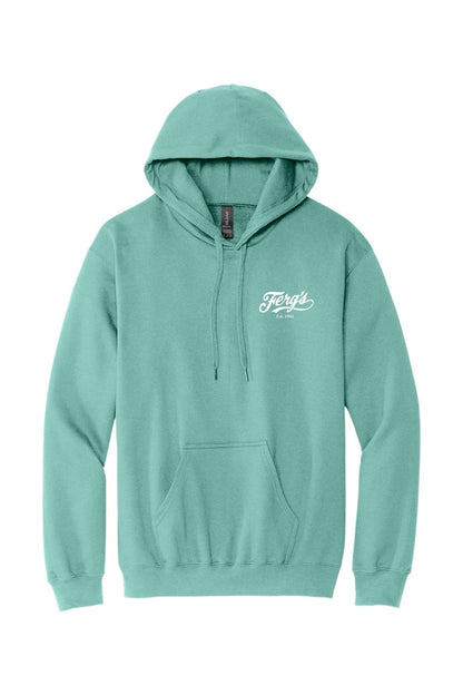 Soft teal cotton-blend pullover hoodie featuring a white Ferg's Sports Bar logo on the chest and a front pouch pocket.