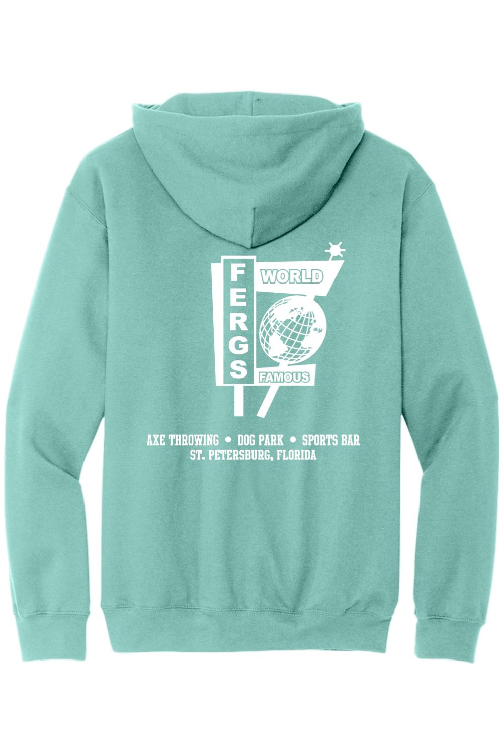 Teal Ferg's World Famous Sports Bar zip-up hoodie featuring a white globe logo and St. Petersburg branding on the back.