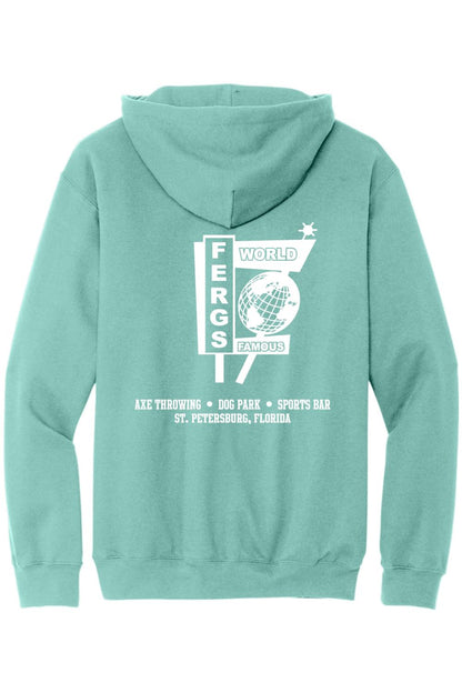 Teal Ferg's World Famous Sports Bar zip-up hoodie featuring a white globe logo and St. Petersburg branding on the back.