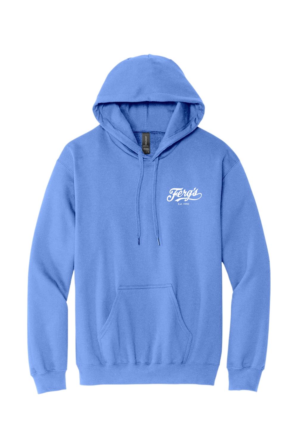 Light blue pullover hoodie with a white Ferg's logo on the chest, featuring a drawstring hood and front pouch pocket.