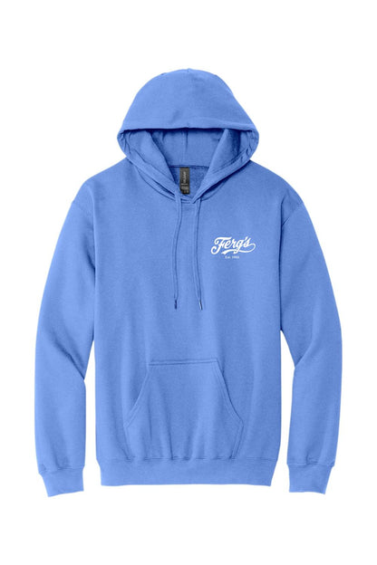 Light blue pullover hoodie with a white Ferg's logo on the chest, featuring a drawstring hood and front pouch pocket.