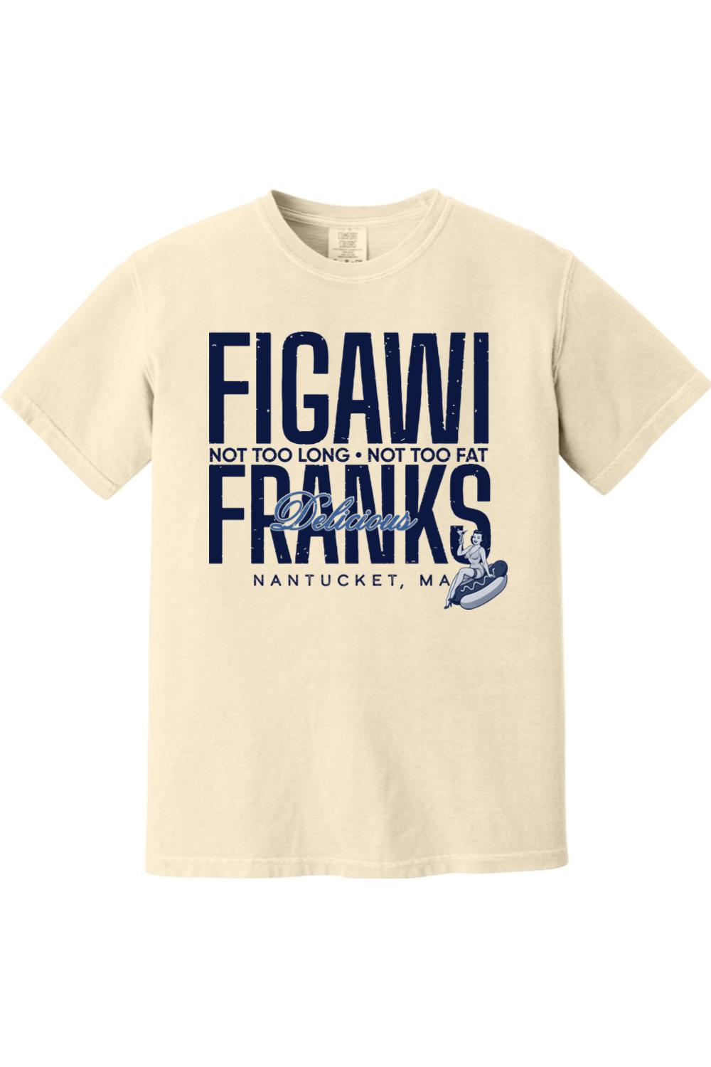 Cream-colored Comfort Colors t-shirt featuring navy Figawi Delicious Franks graphic with pin-up art and text.