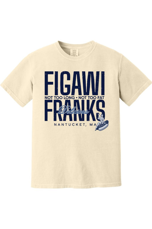 Cream-colored Comfort Colors t-shirt featuring navy Figawi Delicious Franks graphic with pin-up art and text.