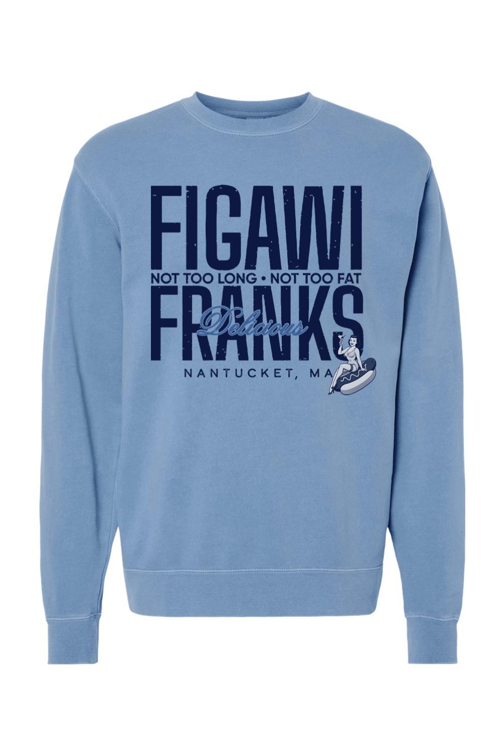 Blue pigment-dyed crewneck sweatshirt featuring a Figawi Delicious Franks graphic with Nantucket, MA text.