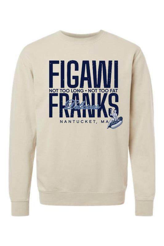 Beige pigment-dyed crewneck sweatshirt with navy Figawi Delicious Franks graphic and vintage pin-up hot dog design.