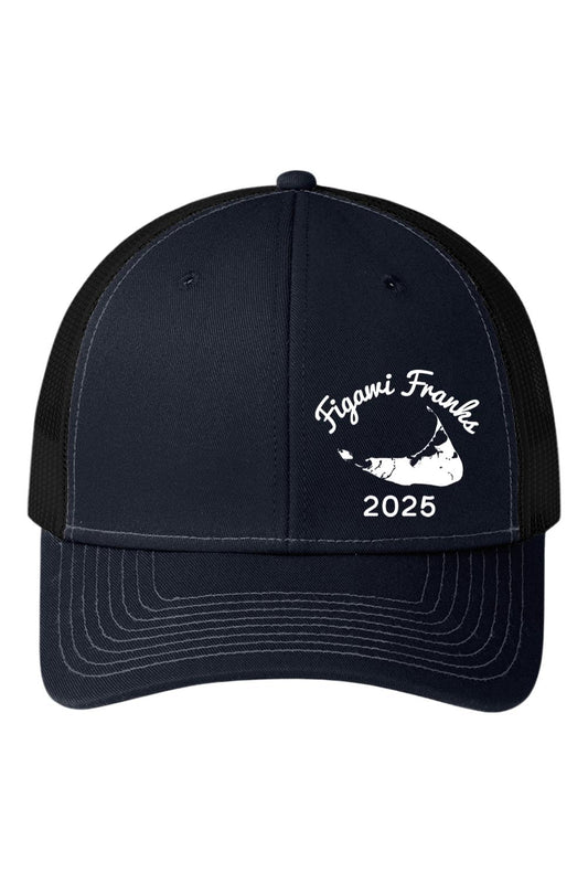 Navy and black trucker cap with white Figawi Franks 2025 Nantucket island graphic on the front panel.