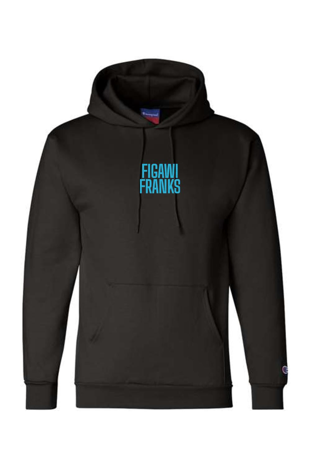 Black Champion hoodie featuring a bright blue Figawi Franks logo on the chest with a front kangaroo pocket.