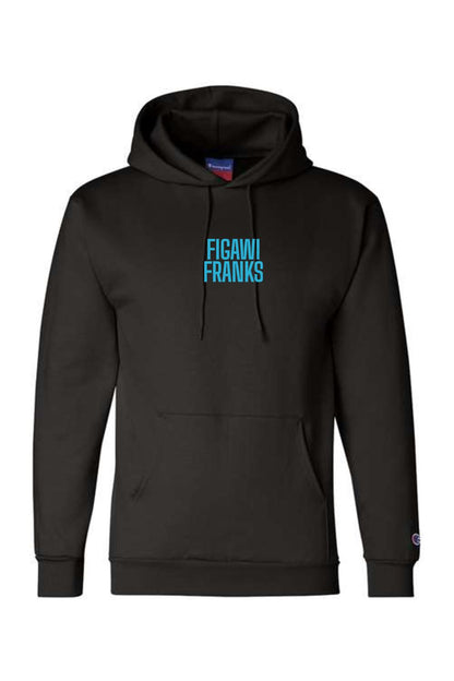Black Champion hoodie featuring a bright blue Figawi Franks logo on the chest with a front kangaroo pocket.