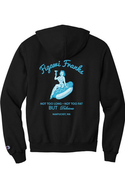 Black Champion hoodie featuring a light blue graphic of a pin-up girl on a hot dog with Figawi Franks branding.