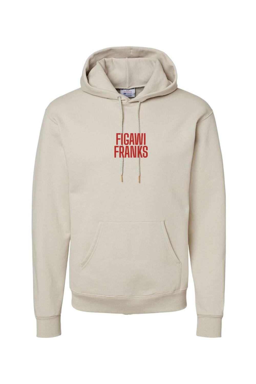 Beige Champion hoodie with a red Figawi Franks logo, featuring a drawstring hood and front kangaroo pocket.