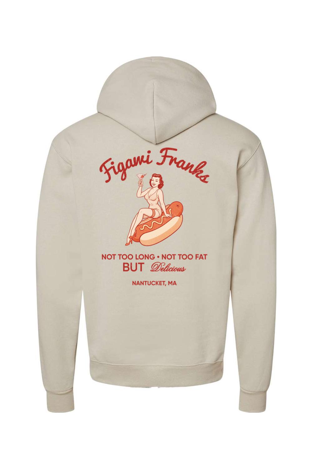 Beige Champion hoodie featuring a vintage pin-up girl graphic on the back with Figawi Franks branding.