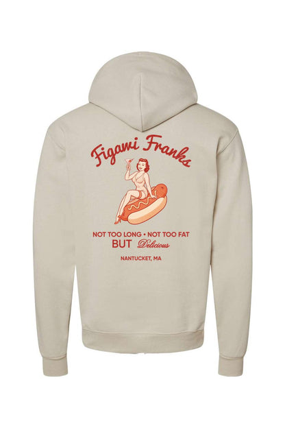 Beige Champion hoodie featuring a vintage pin-up girl graphic on the back with Figawi Franks branding.