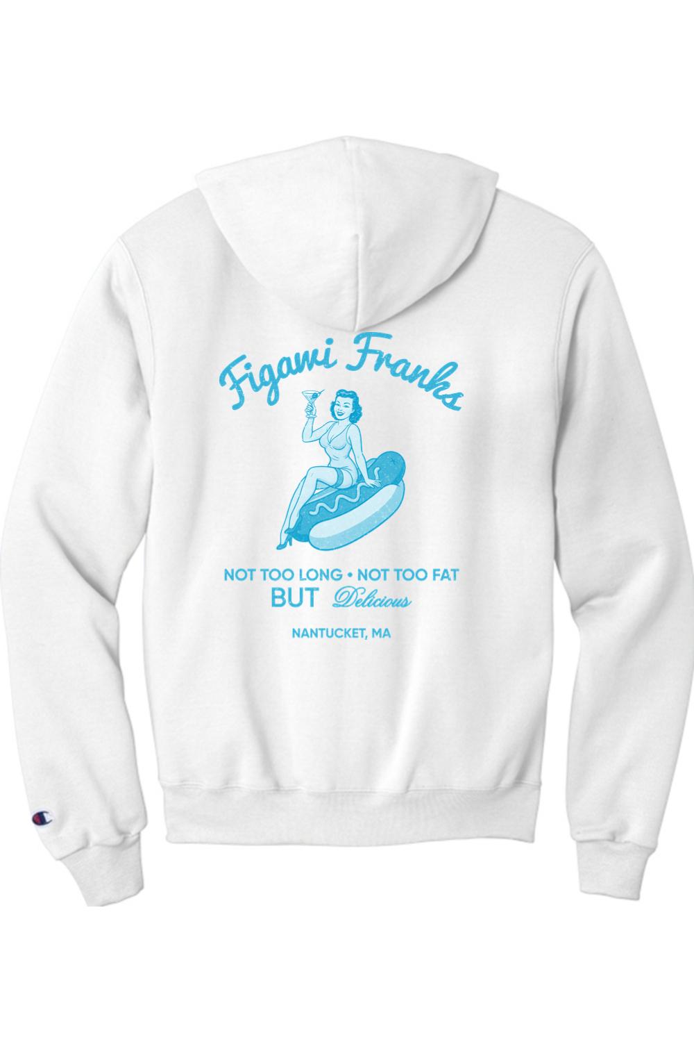 White Champion hoodie featuring a blue Figawi Franks pin-up graphic on the back with Nantucket branding.