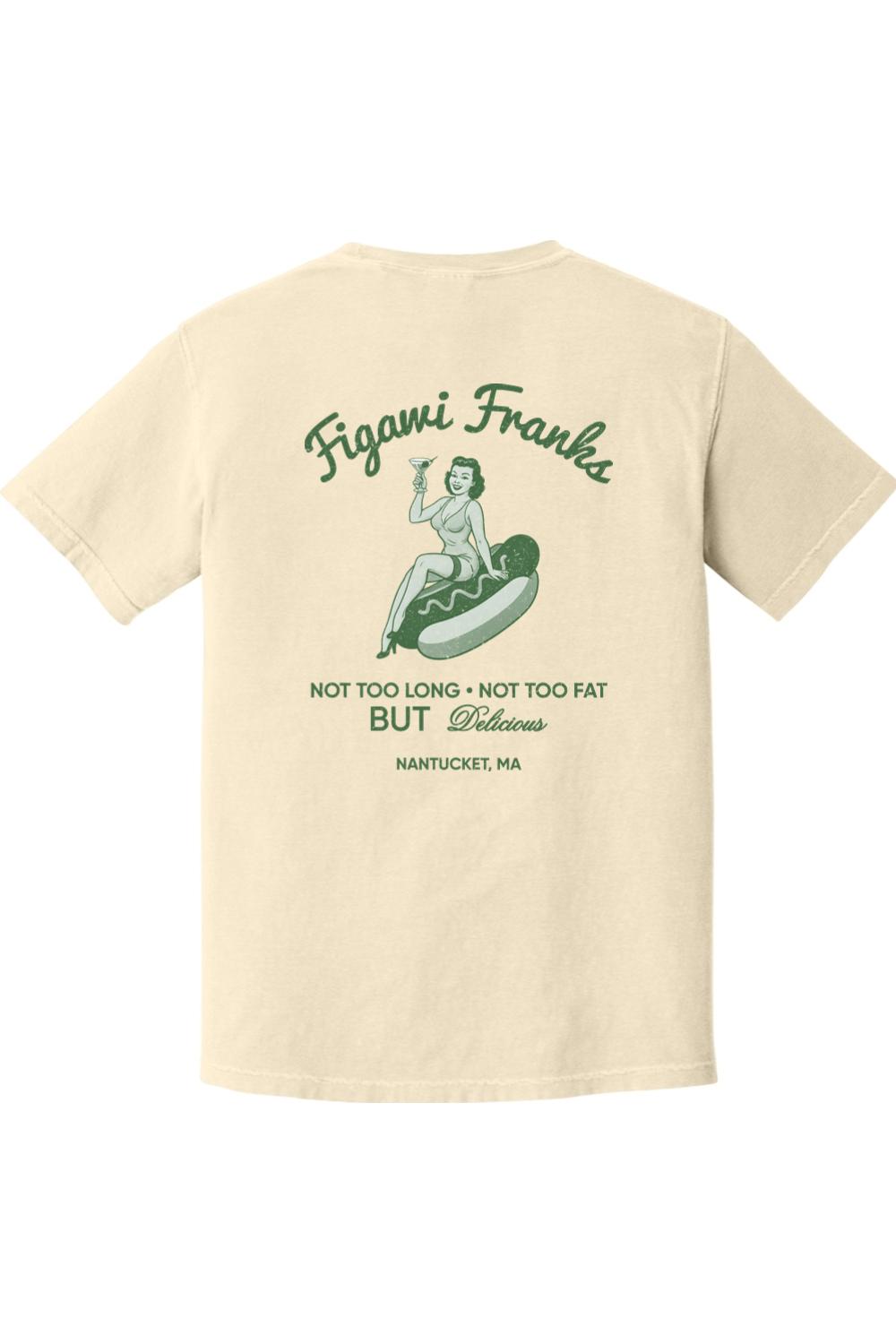 Cream-colored Comfort Colors t-shirt featuring a vintage pin-up girl graphic and Figawi Franks logo on the back.
