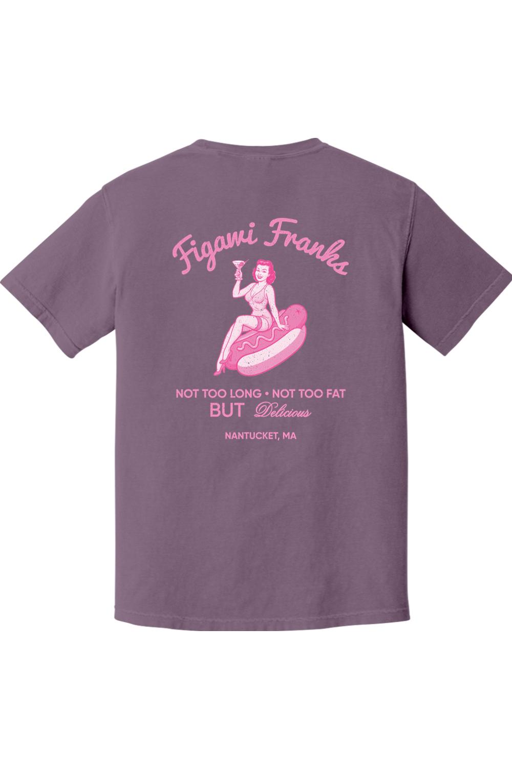 Purple Comfort Colors t-shirt featuring a pink Figawi Franks graphic of a pin-up girl sitting on a hot dog on the back.