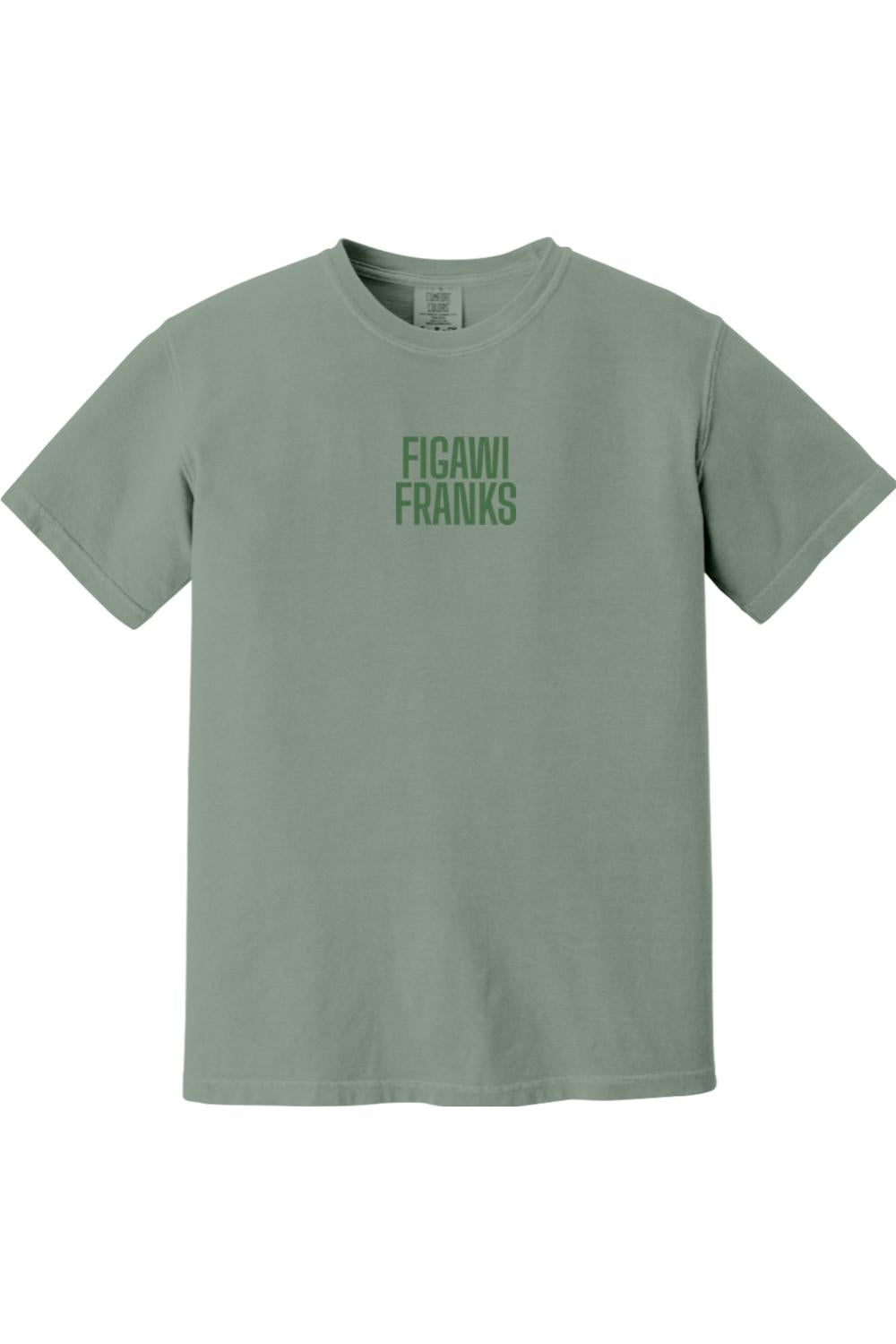 Sage green Comfort Colors unisex t-shirt featuring dark green Figawi Franks chest logo text.