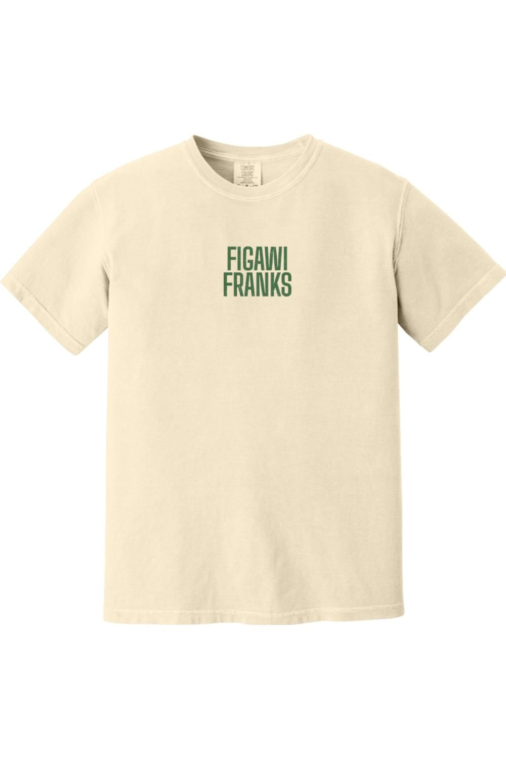 Cream-colored Comfort Colors unisex t-shirt featuring a green Figawi Franks logo on the chest.