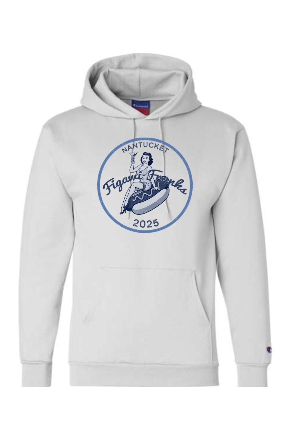 Light gray Champion hoodie featuring a blue Figawi Franks 2025 graphic with a pin-up girl on a hot dog.