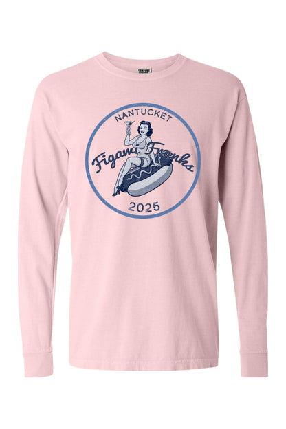 Light pink Comfort Colors long sleeve tee featuring a vintage Figawi Franks 2025 graphic with a pin-up girl on a hot dog.