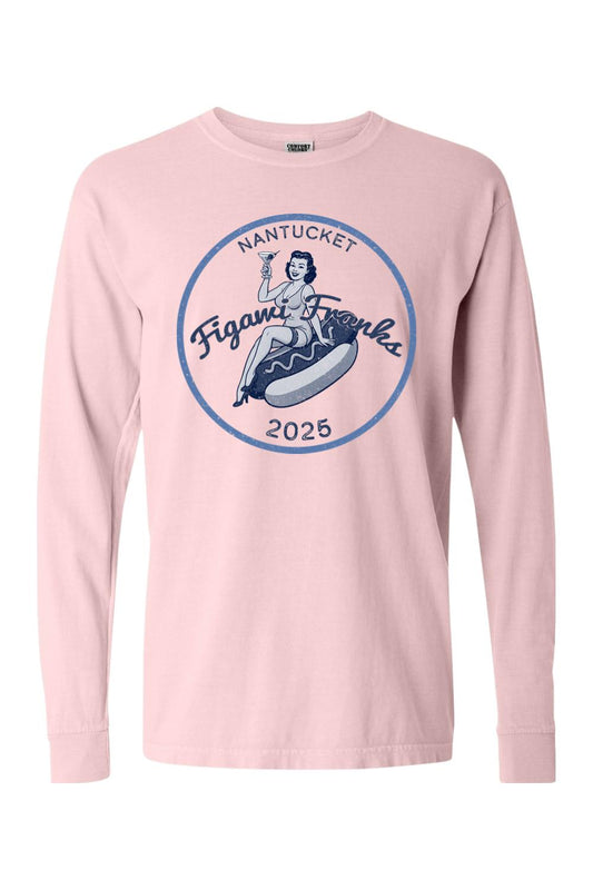 Light pink Comfort Colors long sleeve tee featuring a vintage Figawi Franks 2025 graphic with a pin-up girl on a hot dog.