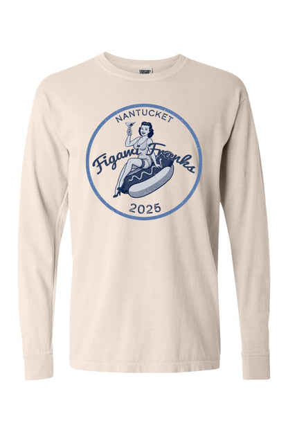 Beige Comfort Colors long sleeve tee featuring a blue Figawi Franks 2025 graphic with a pin-up girl on a hot dog.