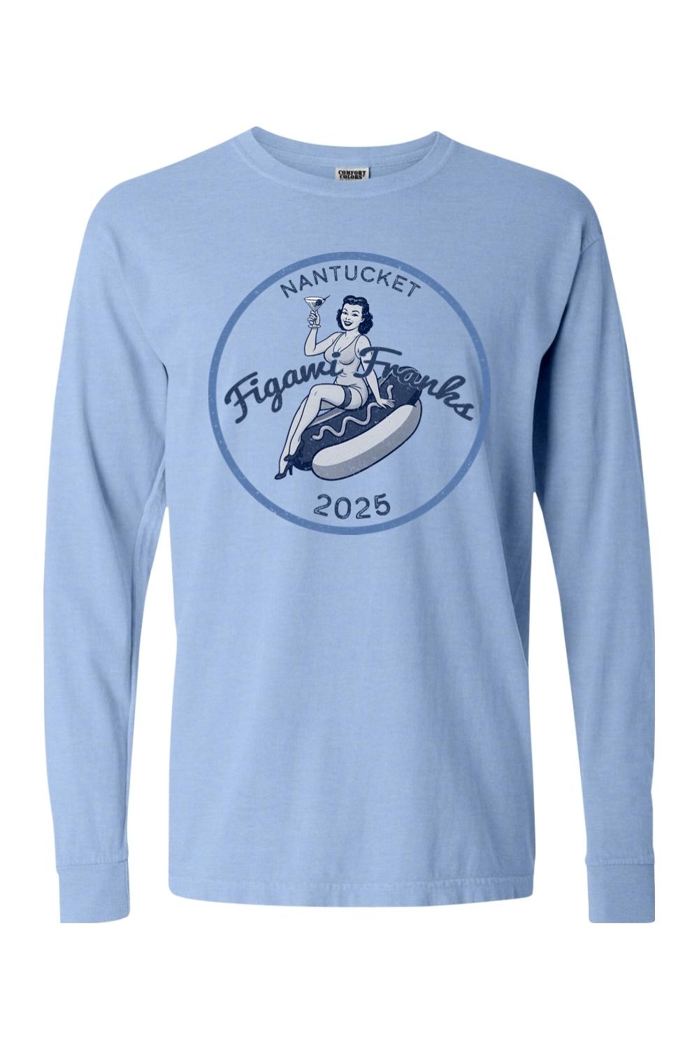 Light blue Comfort Colors long sleeve tee featuring a vintage Figawi Franks 2025 graphic with a pin-up girl on a hot dog.