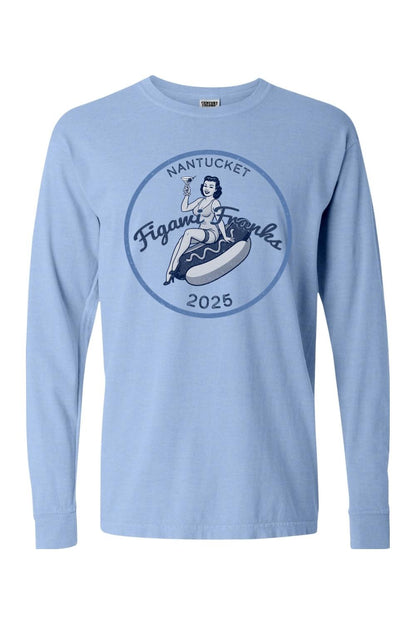 Light blue Comfort Colors long sleeve tee featuring a vintage Figawi Franks 2025 graphic with a pin-up girl on a hot dog.