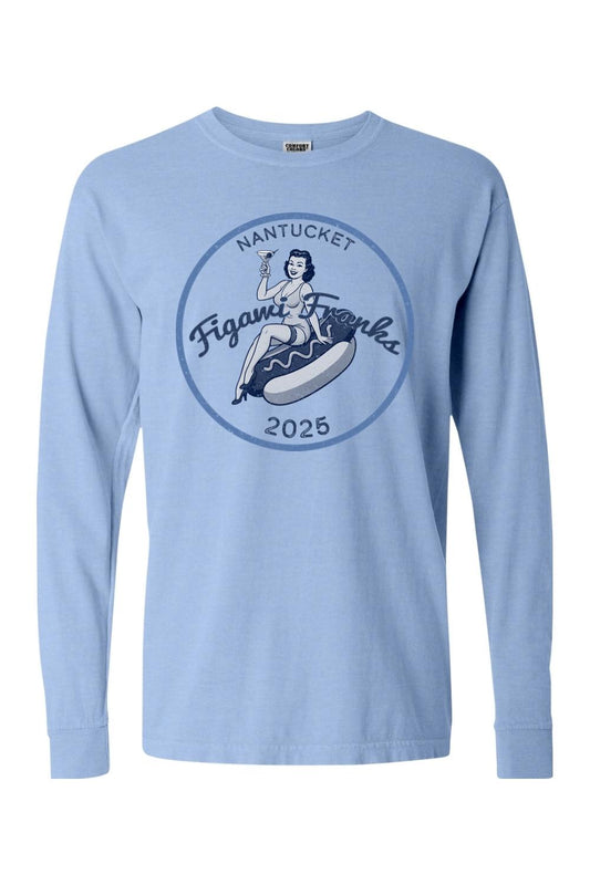 Light blue Comfort Colors long sleeve tee featuring a vintage Figawi Franks 2025 graphic with a pin-up girl on a hot dog.