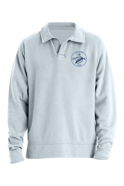 Light blue garment-dyed polo sweatshirt with a relaxed fit, open neckline, and Figawi Franks 2025 logo on the chest.
