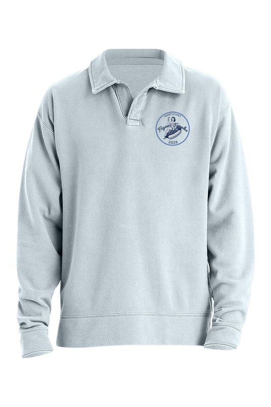 Light blue garment-dyed polo sweatshirt with a relaxed fit, open neckline, and Figawi Franks 2025 logo on the chest.