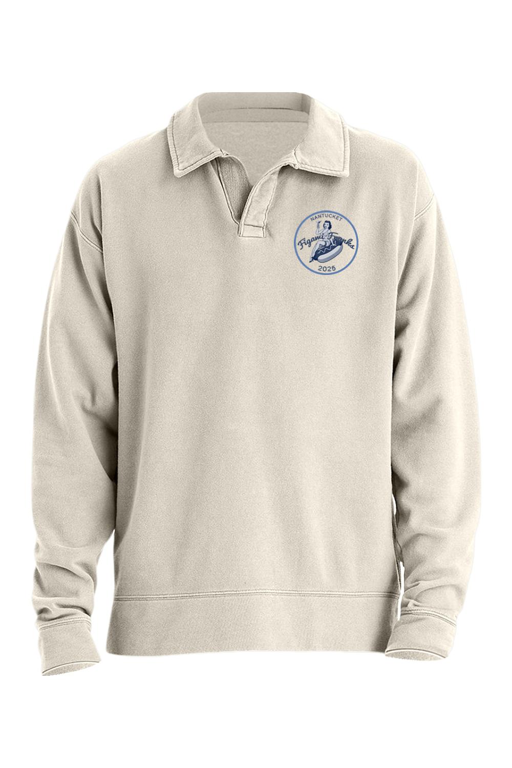 Beige garment-dyed polo collar sweatshirt with Figawi Franks 2025 logo on the chest and relaxed open neckline.