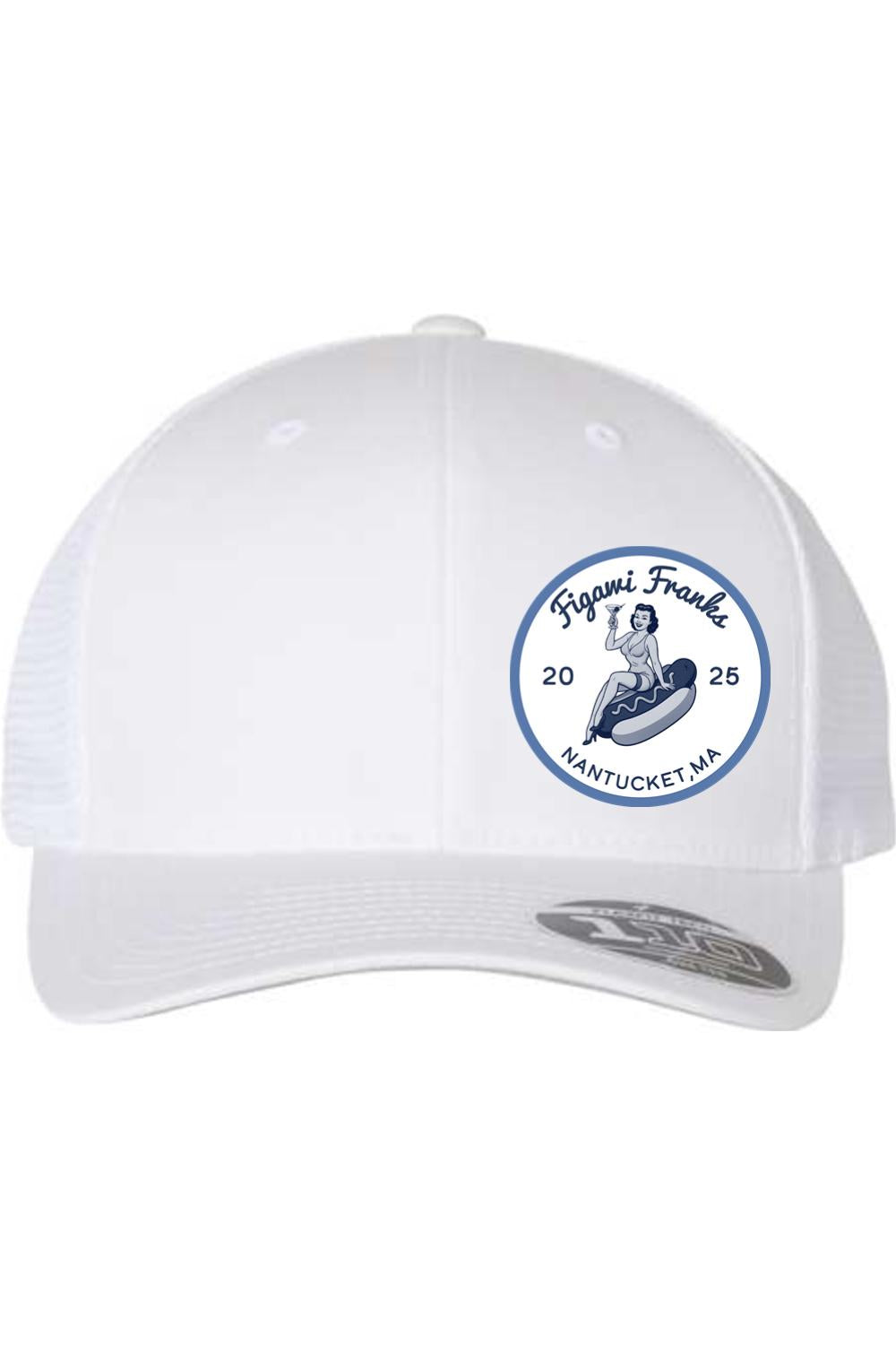 White mesh-back cap featuring a blue Figawi Franks 2025 logo with a pin-up girl graphic on a hot dog.