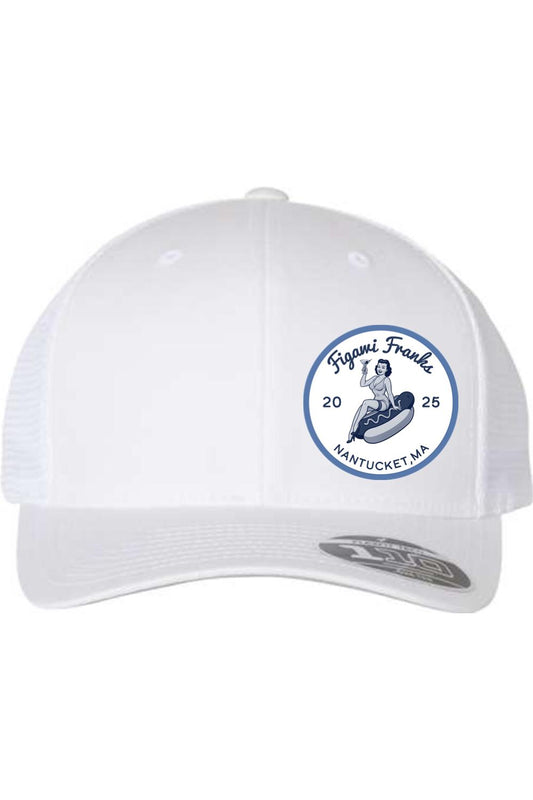 White mesh-back cap featuring a blue Figawi Franks 2025 logo with a pin-up girl graphic on a hot dog.